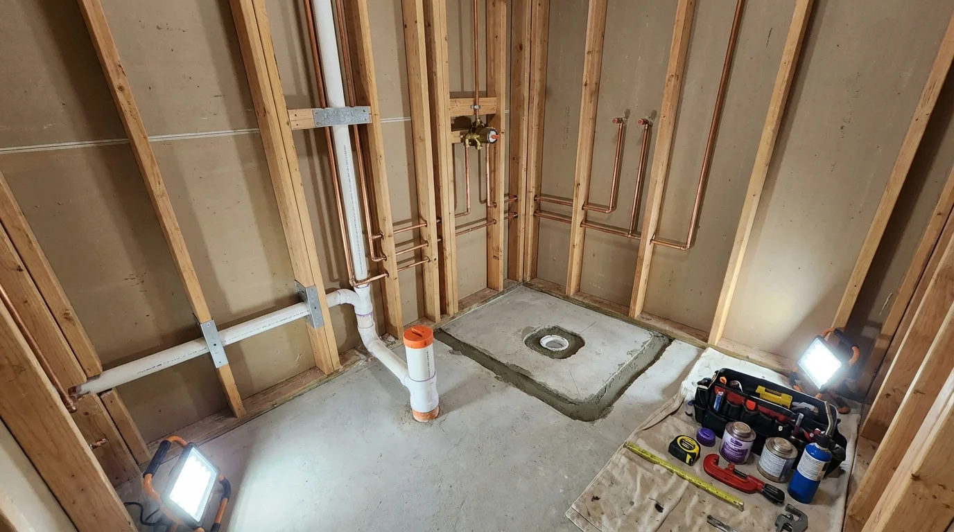 Bathroom rough-in plumbing during remodel by Johns Plumbing LLC in Cobb