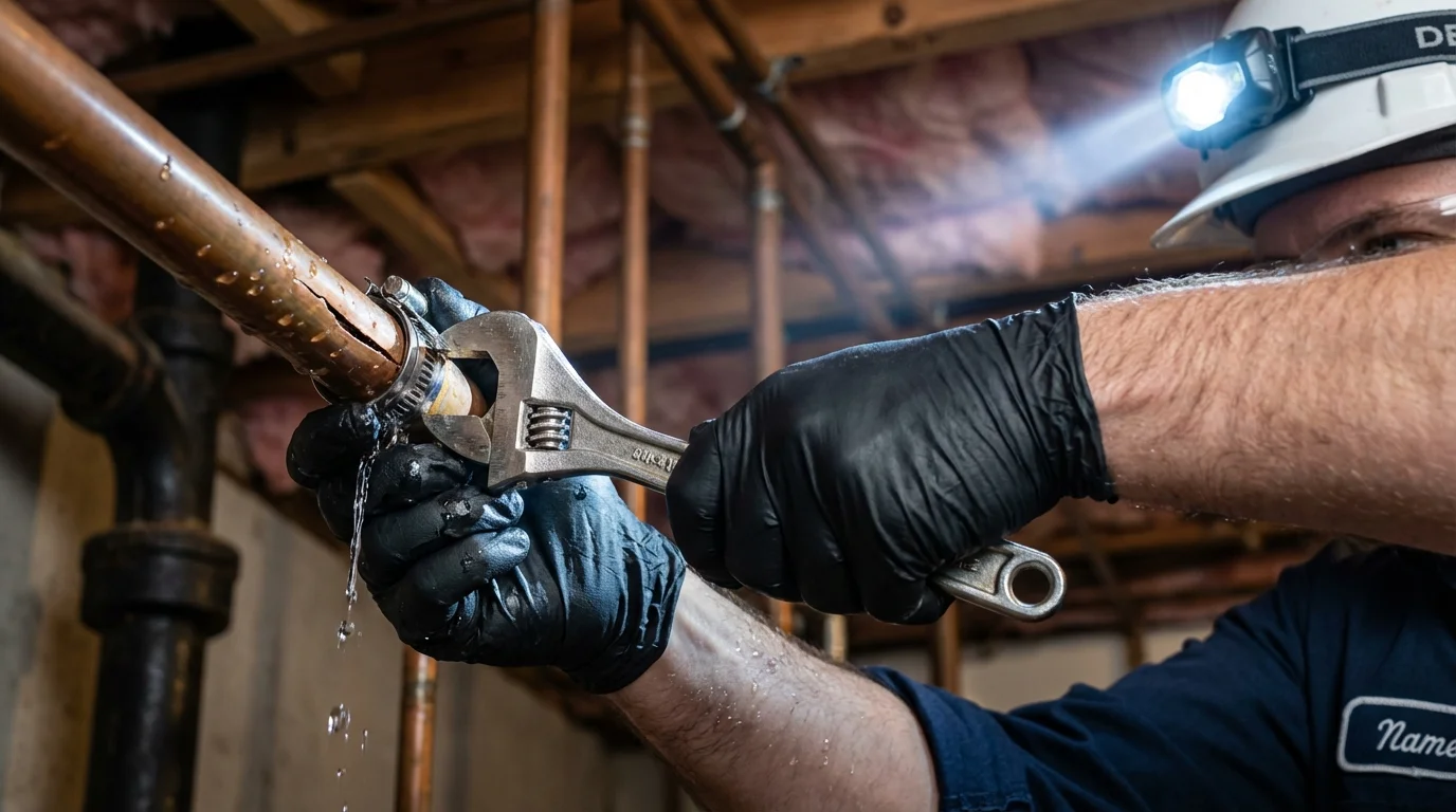 Emergency pipe clamp repair being performed by a Johns Plumbing LLC plumber in Cobb